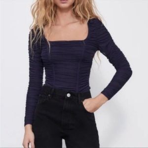 Zara Ruched Square Neck Long Sleeve Bodysuit Sz Medium